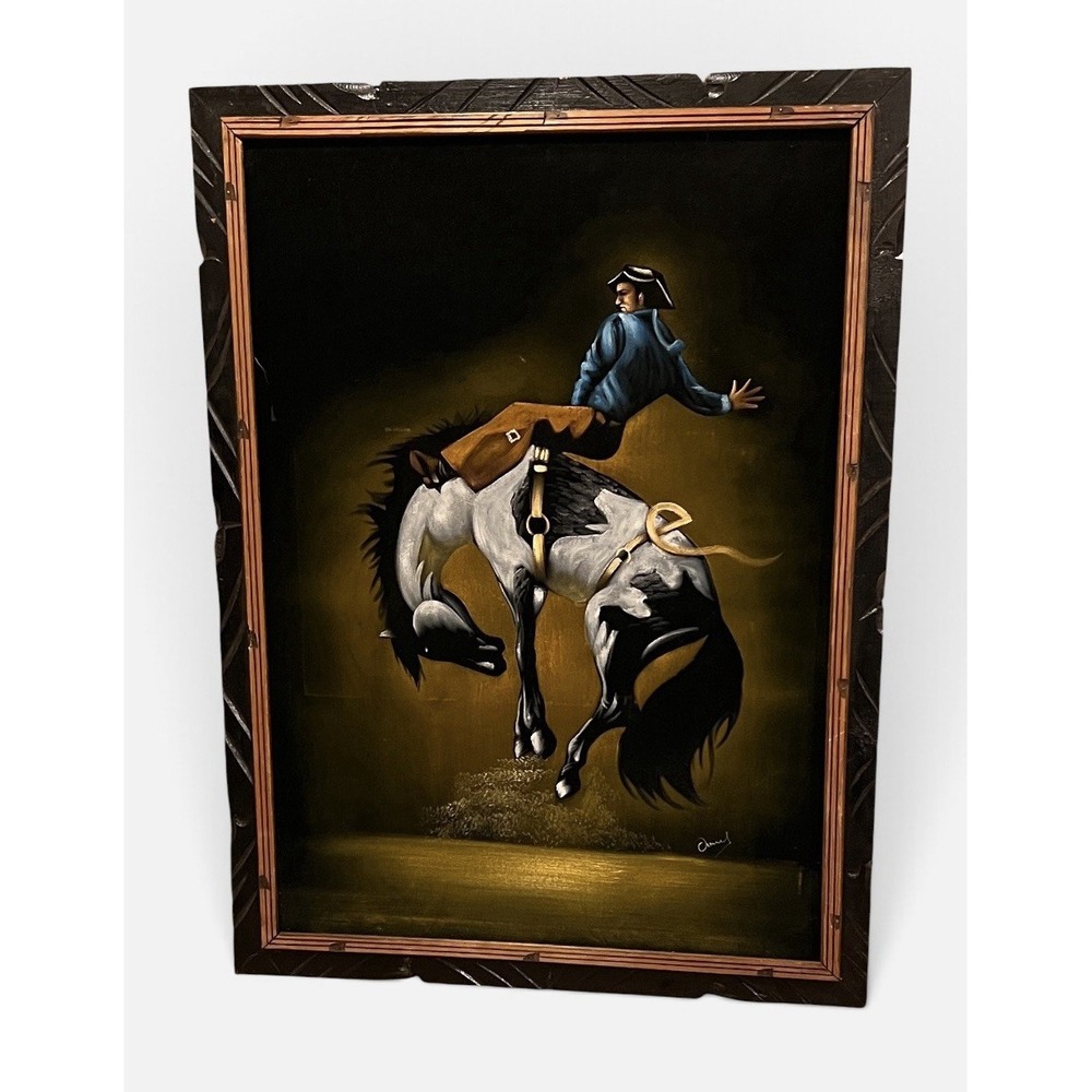 Vintage Mexican Black Velvet Cowboy Bucking Horse Painting Signed Framed 38.5"